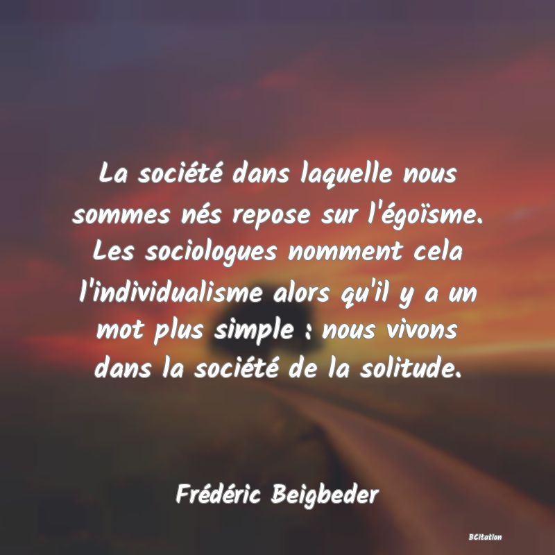 image de citation: La société dans laquelle nous sommes nés repose sur l'égoïsme. Les sociologues nomment cela l'individualisme alors qu'il y a un mot plus simple : nous vivons dans la société de la solitude.