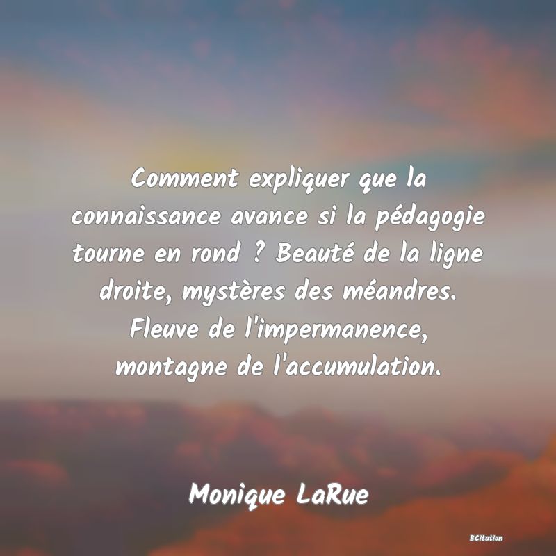 image de citation: Comment expliquer que la connaissance avance si la pédagogie tourne en rond ? Beauté de la ligne droite, mystères des méandres. Fleuve de l'impermanence, montagne de l'accumulation.