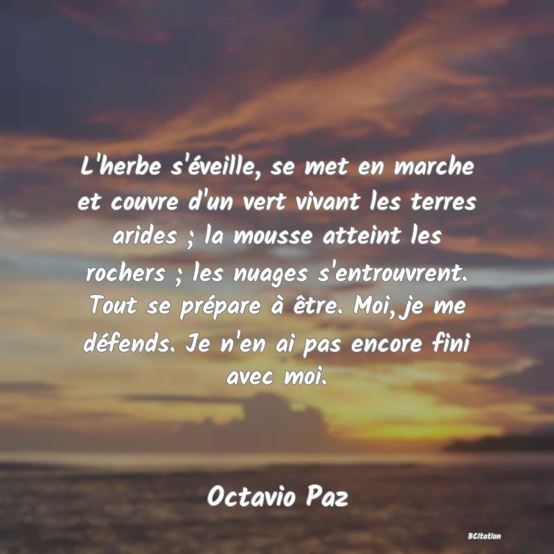 image de citation: L'herbe s'éveille, se met en marche et couvre d'un vert vivant les terres arides ; la mousse atteint les rochers ; les nuages s'entrouvrent. Tout se prépare à être. Moi, je me défends. Je n'en ai pas encore fini avec moi.