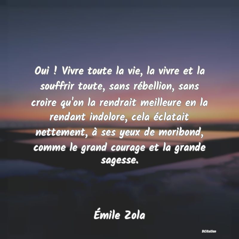 Belle Citation - Oui ! Vivre toute la vie, la vivre et la souffrir toute, sans rébellion, sans croire qu'on la rendrait meilleure en la rendant indolore, cela éclatait nettement, à ses yeux de moribond, comme le grand courage et la grande sagesse. - Émile Zola