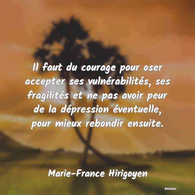 image de citation: Il faut du courage pour oser accepter ses vulnérabilités, ses fragilités et ne pas avoir peur de la dépression éventuelle, pour mieux rebondir ensuite.