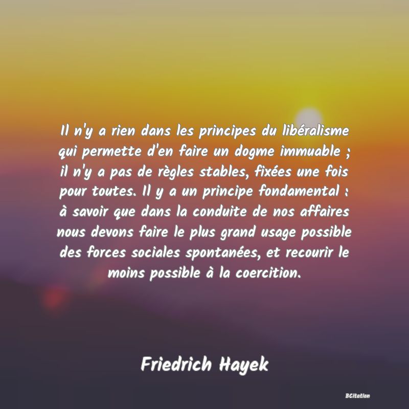 image de citation: Il n'y a rien dans les principes du libéralisme qui permette d'en faire un dogme immuable ; il n'y a pas de règles stables, fixées une fois pour toutes. Il y a un principe fondamental : à savoir que dans la conduite de nos affaires nous devons faire le plus grand usage possible des forces sociales spontanées, et recourir le moins possible à la coercition.