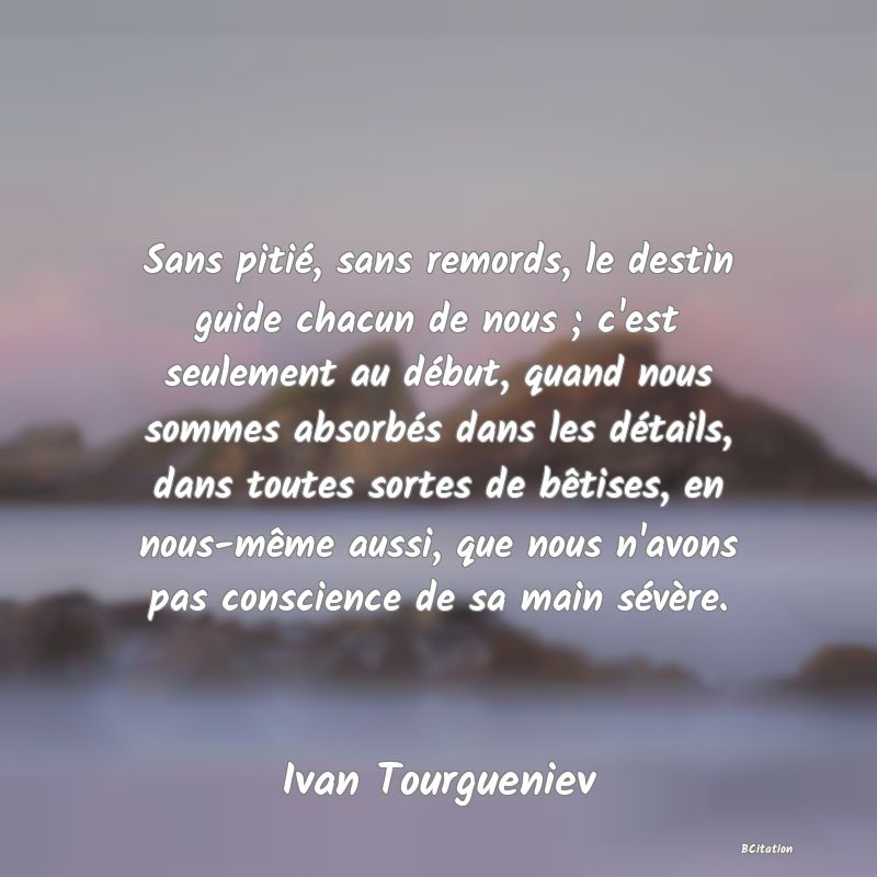 image de citation: Sans pitié, sans remords, le destin guide chacun de nous ; c'est seulement au début, quand nous sommes absorbés dans les détails, dans toutes sortes de bêtises, en nous-même aussi, que nous n'avons pas conscience de sa main sévère.