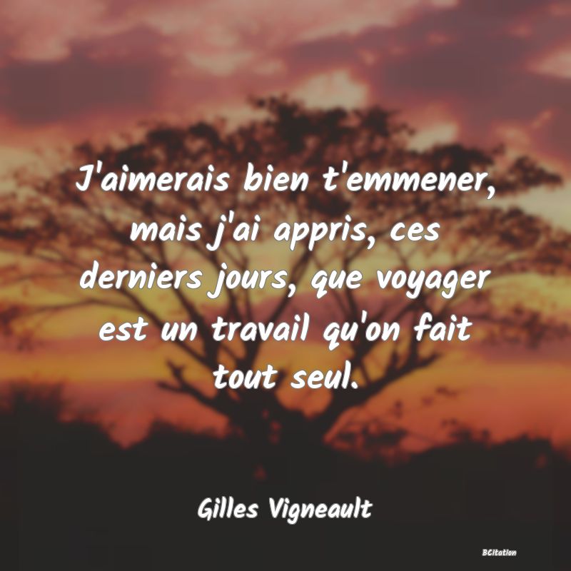 image de citation: J'aimerais bien t'emmener, mais j'ai appris, ces derniers jours, que voyager est un travail qu'on fait tout seul.