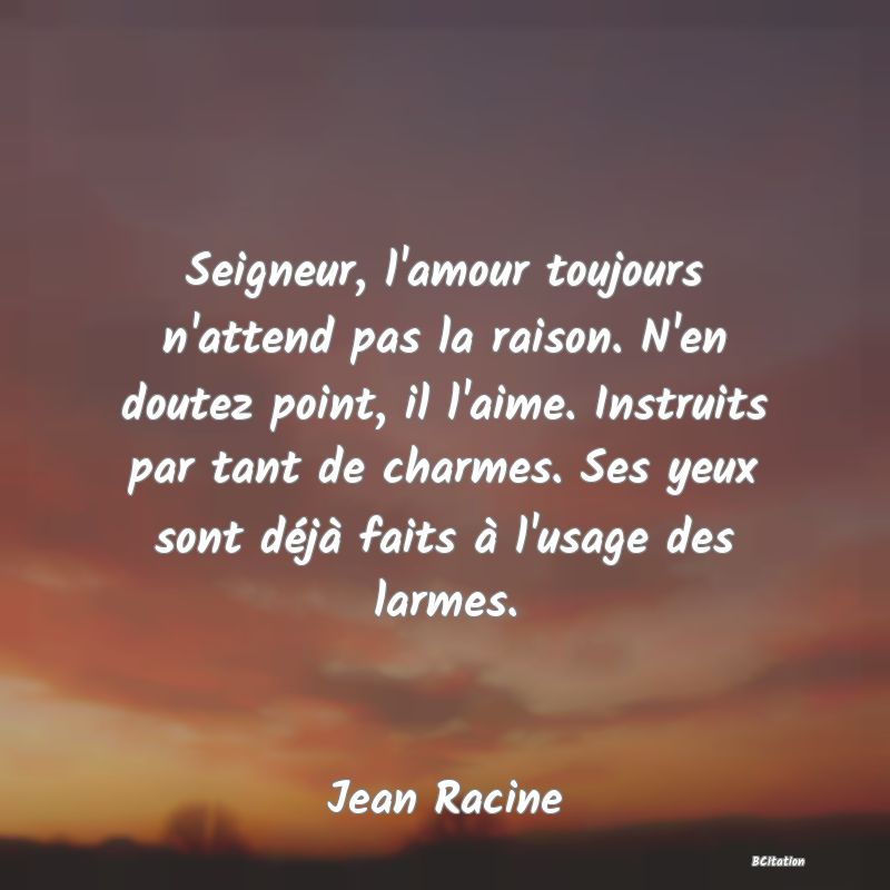 image de citation: Seigneur, l'amour toujours n'attend pas la raison. N'en doutez point, il l'aime. Instruits par tant de charmes. Ses yeux sont déjà faits à l'usage des larmes.