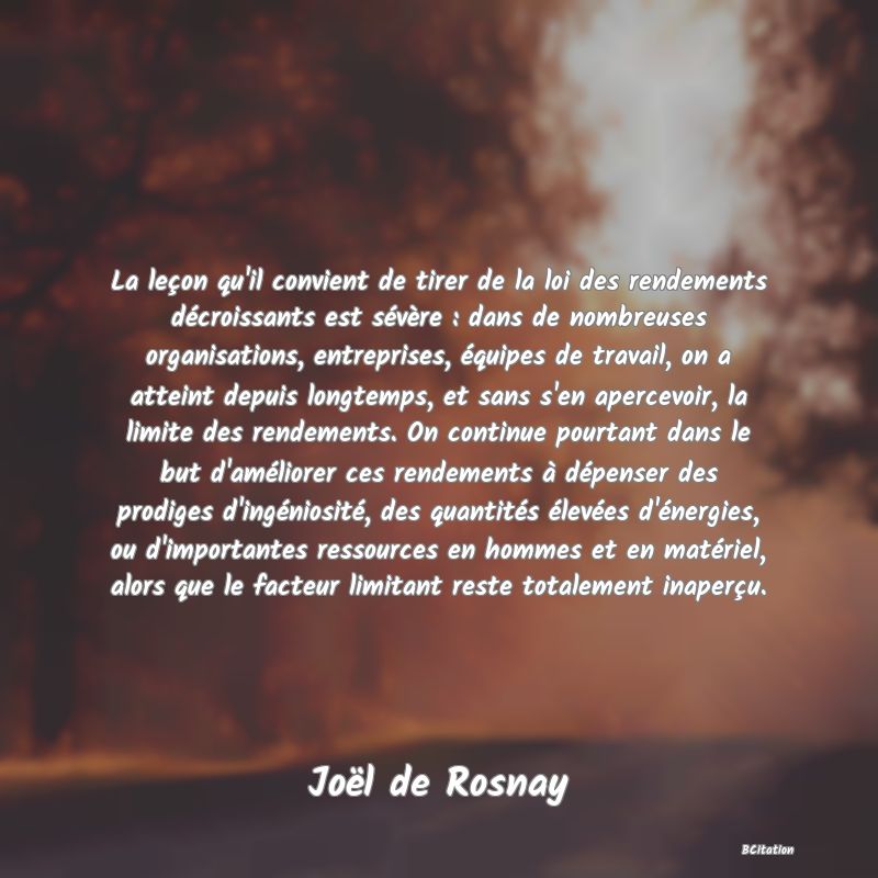 Belle Citation - La leçon qu'il convient de tirer de la loi des rendements décroissants est sévère : dans de nombreuses organisations, entreprises, équipes de travail, on a atteint depuis longtemps, et sans s'en apercevoir, la limite des rendements. On continue pourtant dans le but d'améliorer ces rendements à dépenser des prodiges d'ingéniosité, des quantités élevées d'énergies, ou d'importantes ressources en hommes et en matériel, alors que le facteur limitant reste totalement inaperçu. - Joël de Rosnay