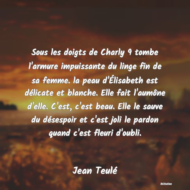 image de citation: Sous les doigts de Charly 9 tombe l'armure impuissante du linge fin de sa femme. la peau d'Élisabeth est délicate et blanche. Elle fait l'aumône d'elle. C'est, c'est beau. Elle le sauve du désespoir et c'est joli le pardon quand c'est fleuri d'oubli.