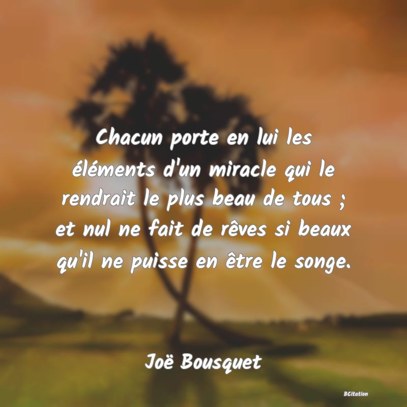 Belle Citation - Chacun porte en lui les éléments d'un miracle qui le rendrait le plus beau de tous ; et nul ne fait de rêves si beaux qu'il ne puisse en être le songe. - Joë Bousquet