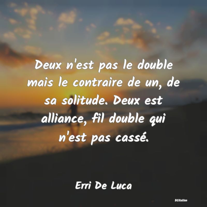 image de citation: Deux n'est pas le double mais le contraire de un, de sa solitude. Deux est alliance, fil double qui n'est pas cassé.