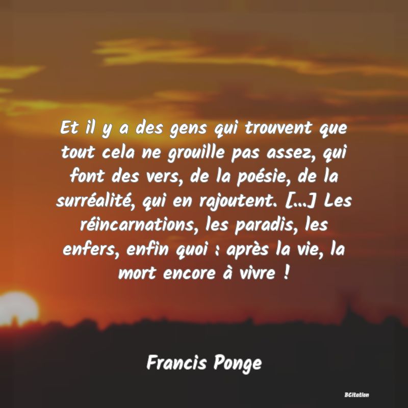 image de citation: Et il y a des gens qui trouvent que tout cela ne grouille pas assez, qui font des vers, de la poésie, de la surréalité, qui en rajoutent. [...] Les réincarnations, les paradis, les enfers, enfin quoi : après la vie, la mort encore à vivre !