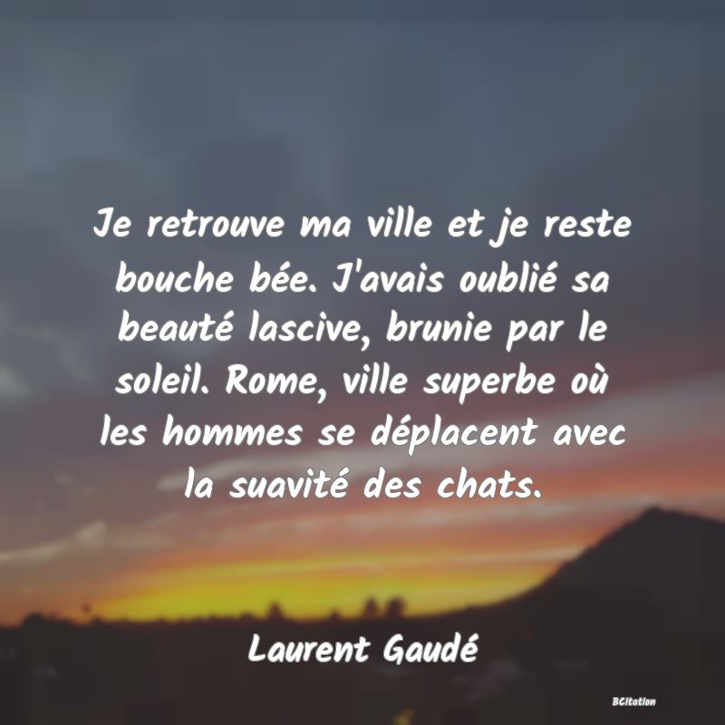 Belle Citation - Je retrouve ma ville et je reste bouche bée. J'avais oublié sa beauté lascive, brunie par le soleil. Rome, ville superbe où les hommes se déplacent avec la suavité des chats. - Laurent Gaudé