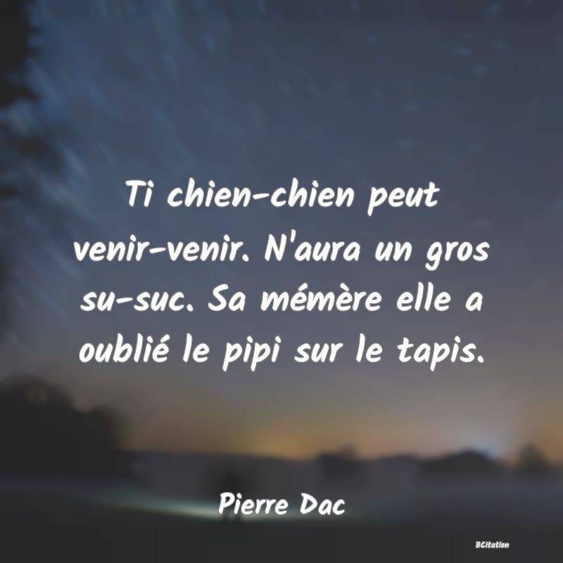 image de citation: Ti chien-chien peut venir-venir. N'aura un gros su-suc. Sa mémère elle a oublié le pipi sur le tapis.