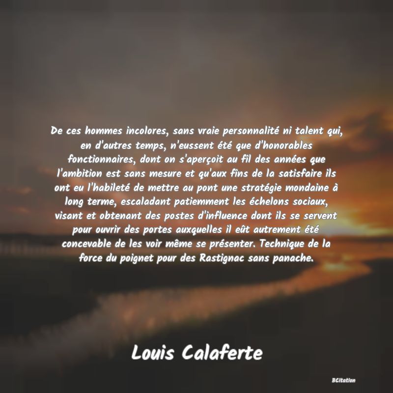 image de citation: De ces hommes incolores, sans vraie personnalité ni talent qui, en d'autres temps, n'eussent été que d'honorables fonctionnaires, dont on s'aperçoit au fil des années que l'ambition est sans mesure et qu'aux fins de la satisfaire ils ont eu l'habileté de mettre au pont une stratégie mondaine à long terme, escaladant patiemment les échelons sociaux, visant et obtenant des postes d'influence dont ils se servent pour ouvrir des portes auxquelles il eût autrement été concevable de les voir même se présenter. Technique de la force du poignet pour des Rastignac sans panache.