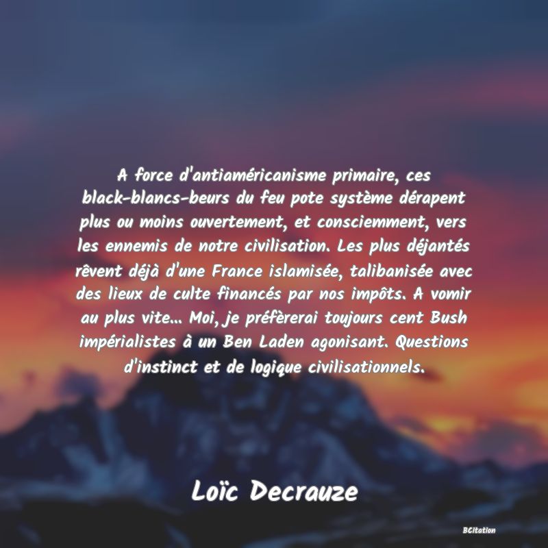 image de citation: A force d'antiaméricanisme primaire, ces black-blancs-beurs du feu pote système dérapent plus ou moins ouvertement, et consciemment, vers les ennemis de notre civilisation. Les plus déjantés rêvent déjà d'une France islamisée, talibanisée avec des lieux de culte financés par nos impôts. A vomir au plus vite... Moi, je préfèrerai toujours cent Bush impérialistes à un Ben Laden agonisant. Questions d'instinct et de logique civilisationnels.