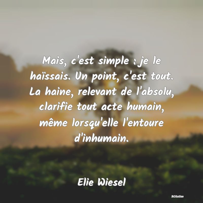 Belle Citation - Mais, c'est simple : je le haïssais. Un point, c'est tout. La haine, relevant de l'absolu, clarifie tout acte humain, même lorsqu'elle l'entoure d'inhumain. - Elie Wiesel