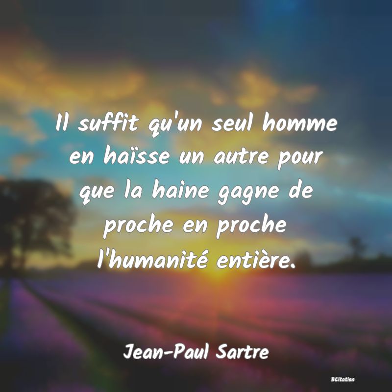 image de citation: Il suffit qu'un seul homme en haïsse un autre pour que la haine gagne de proche en proche l'humanité entière.