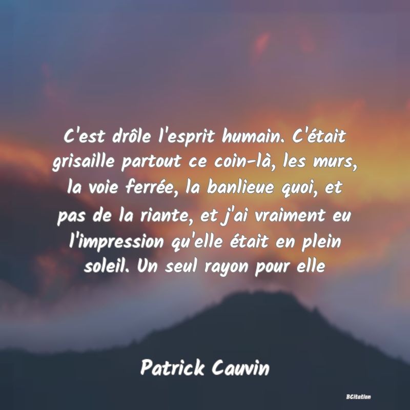 image de citation: C'est drôle l'esprit humain. C'était grisaille partout ce coin-là, les murs, la voie ferrée, la banlieue quoi, et pas de la riante, et j'ai vraiment eu l'impression qu'elle était en plein soleil. Un seul rayon pour elle