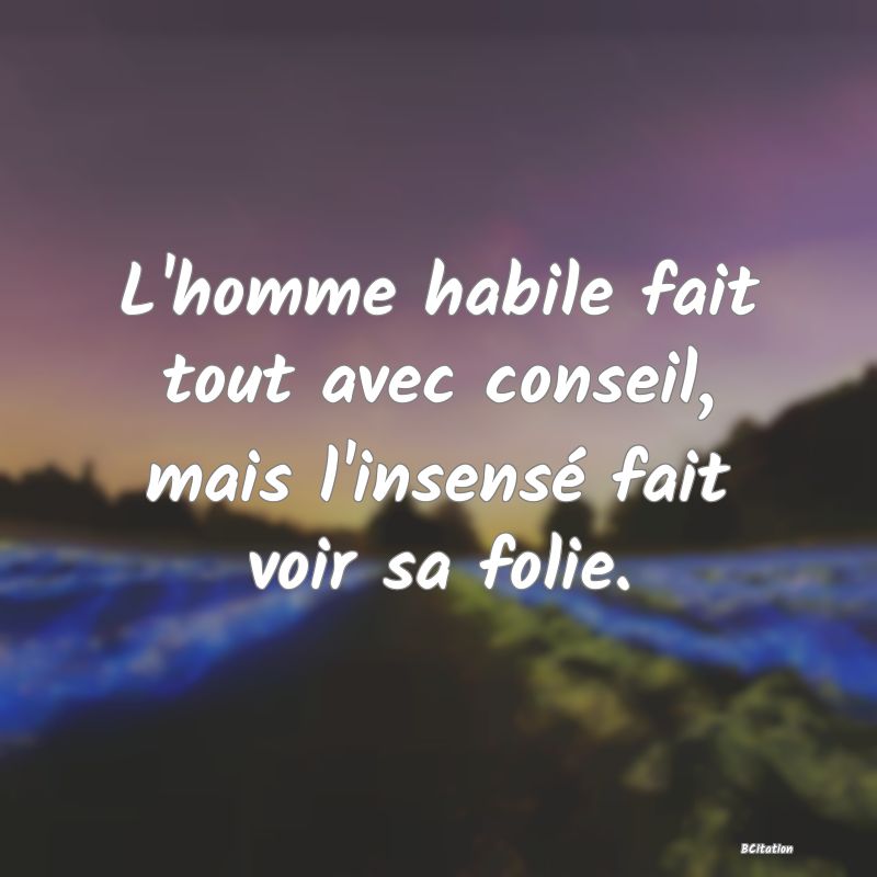 image de citation: L'homme habile fait tout avec conseil, mais l'insensé fait voir sa folie.