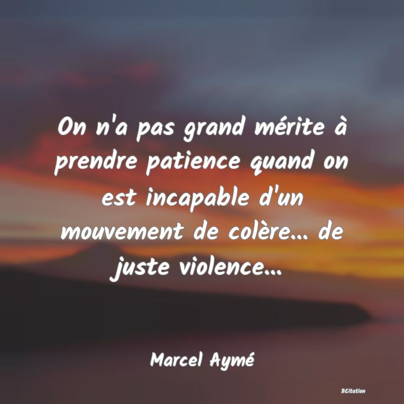 image de citation: On n'a pas grand mérite à prendre patience quand on est incapable d'un mouvement de colère... de juste violence...