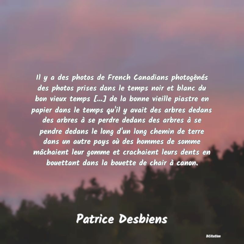 image de citation: Il y a des photos de French Canadians photogênés des photos prises dans le temps noir et blanc du bon vieux temps [...] de la bonne vieille piastre en papier dans le temps qu'il y avait des arbres dedans des arbres à se perdre dedans des arbres à se pendre dedans le long d'un long chemin de terre dans un autre pays où des hommes de somme mâchaient leur gomme et crachaient leurs dents en bouettant dans la bouette de chair à canon.