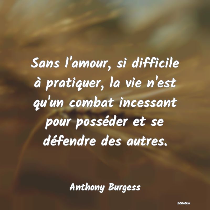 image de citation: Sans l'amour, si difficile à pratiquer, la vie n'est qu'un combat incessant pour posséder et se défendre des autres.