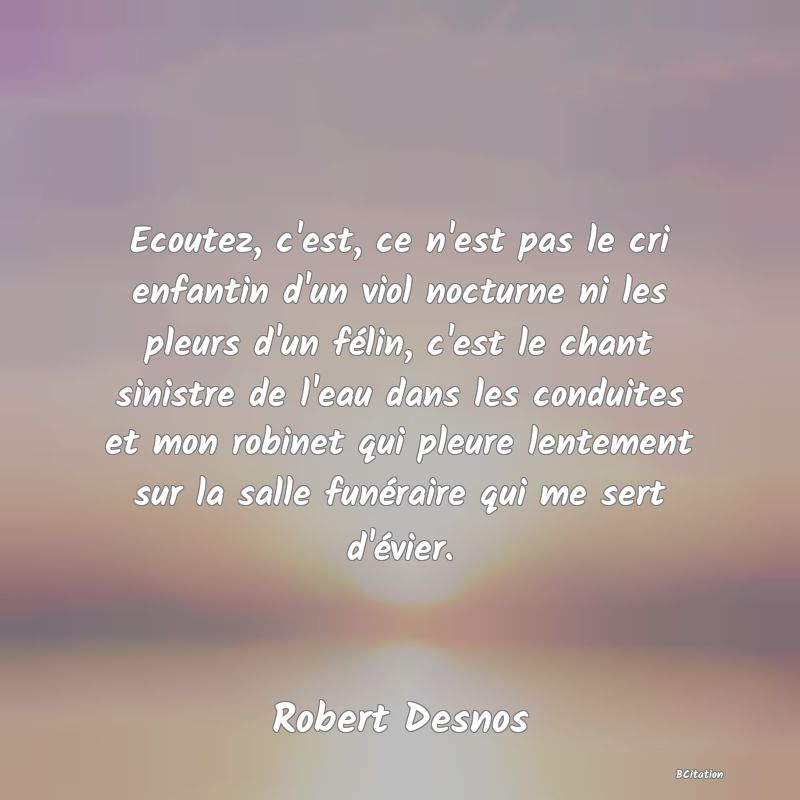 image de citation: Ecoutez, c'est, ce n'est pas le cri enfantin d'un viol nocturne ni les pleurs d'un félin, c'est le chant sinistre de l'eau dans les conduites et mon robinet qui pleure lentement sur la salle funéraire qui me sert d'évier.