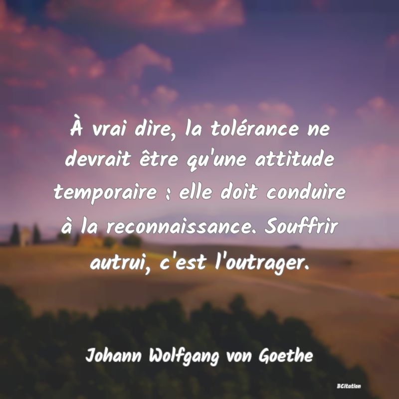 image de citation: À vrai dire, la tolérance ne devrait être qu'une attitude temporaire : elle doit conduire à la reconnaissance. Souffrir autrui, c'est l'outrager.