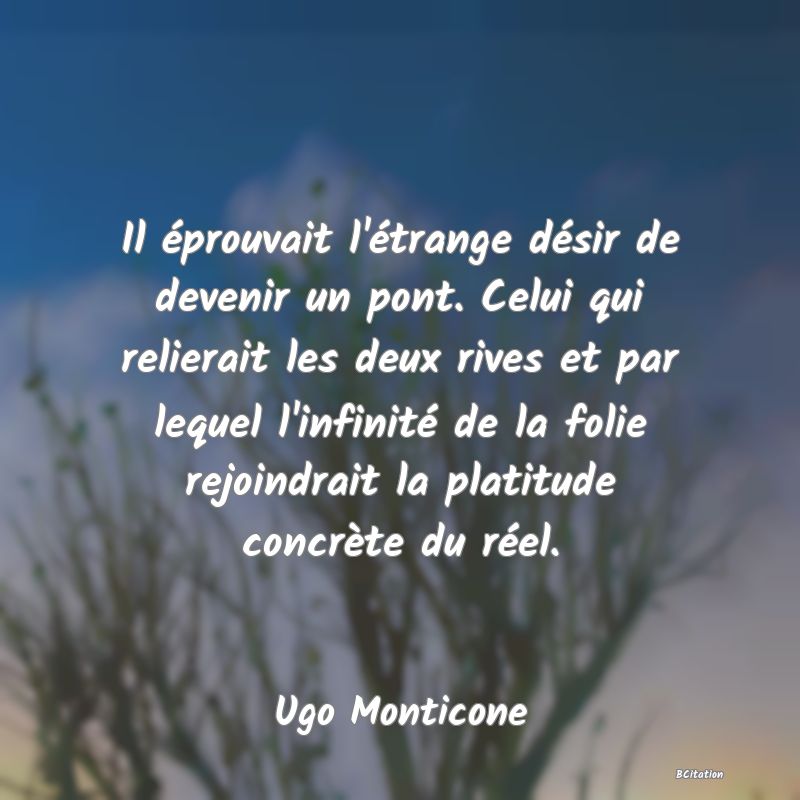 image de citation: Il éprouvait l'étrange désir de devenir un pont. Celui qui relierait les deux rives et par lequel l'infinité de la folie rejoindrait la platitude concrète du réel.