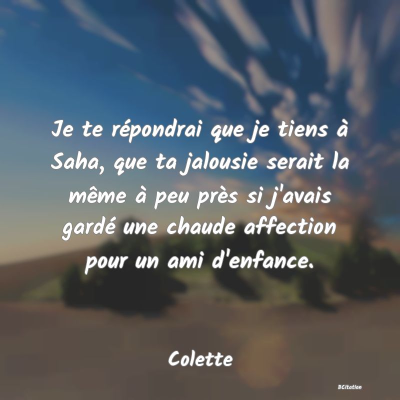 image de citation: Je te répondrai que je tiens à Saha, que ta jalousie serait la même à peu près si j'avais gardé une chaude affection pour un ami d'enfance.