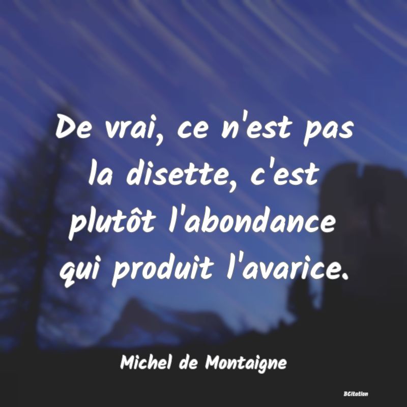 Belle Citation - De vrai, ce n'est pas la disette, c'est plutôt l'abondance qui produit l'avarice. - Michel de Montaigne