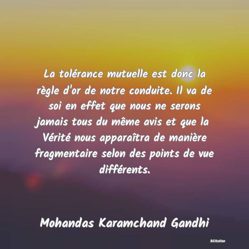 image de citation: La tolérance mutuelle est donc la règle d'or de notre conduite. Il va de soi en effet que nous ne serons jamais tous du même avis et que la Vérité nous apparaîtra de manière fragmentaire selon des points de vue différents.