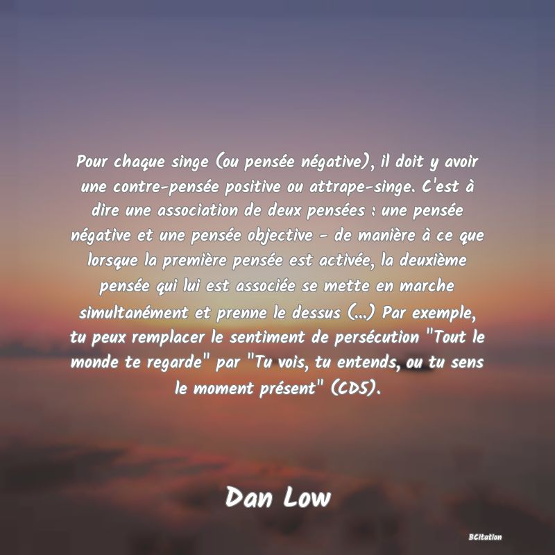 image de citation: Pour chaque singe (ou pensée négative), il doit y avoir une contre-pensée positive ou attrape-singe. C'est à dire une association de deux pensées : une pensée négative et une pensée objective - de manière à ce que lorsque la première pensée est activée, la deuxième pensée qui lui est associée se mette en marche simultanément et prenne le dessus (...) Par exemple, tu peux remplacer le sentiment de persécution  Tout le monde te regarde  par  Tu vois, tu entends, ou tu sens le moment présent  (CD5).