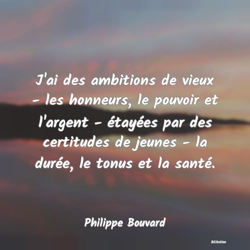 image de citation: J'ai des ambitions de vieux - les honneurs, le pouvoir et l'argent - étayées par des certitudes de jeunes - la durée, le tonus et la santé.