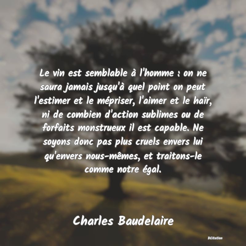 Belle Citation - Le vin est semblable à l'homme : on ne saura jamais jusqu'à quel point on peut l'estimer et le mépriser, l'aimer et le haïr, ni de combien d'action sublimes ou de forfaits monstrueux il est capable. Ne soyons donc pas plus cruels envers lui qu'envers nous-mêmes, et traitons-le comme notre égal. - Charles Baudelaire