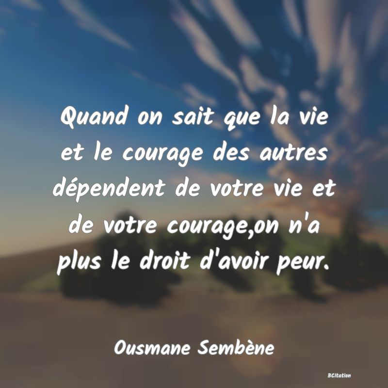 image de citation: Quand on sait que la vie et le courage des autres dépendent de votre vie et de votre courage,on n'a plus le droit d'avoir peur.