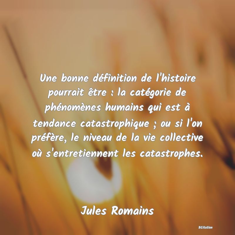 image de citation: Une bonne définition de l'histoire pourrait être : la catégorie de phénomènes humains qui est à tendance catastrophique ; ou si l'on préfère, le niveau de la vie collective où s'entretiennent les catastrophes.