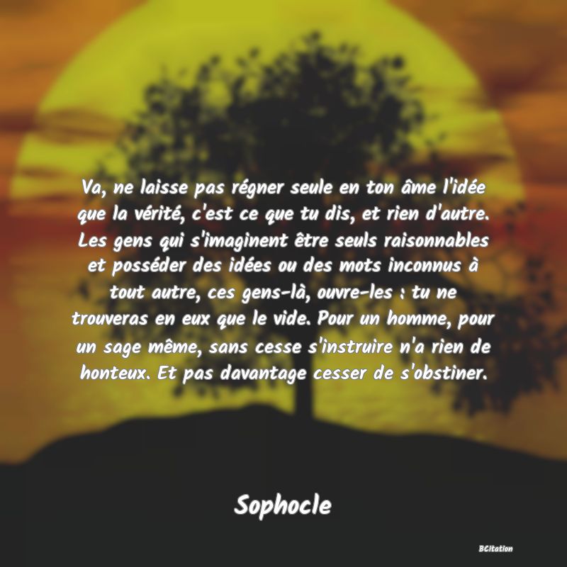 image de citation: Va, ne laisse pas régner seule en ton âme l'idée que la vérité, c'est ce que tu dis, et rien d'autre. Les gens qui s'imaginent être seuls raisonnables et posséder des idées ou des mots inconnus à tout autre, ces gens-là, ouvre-les : tu ne trouveras en eux que le vide. Pour un homme, pour un sage même, sans cesse s'instruire n'a rien de honteux. Et pas davantage cesser de s'obstiner.