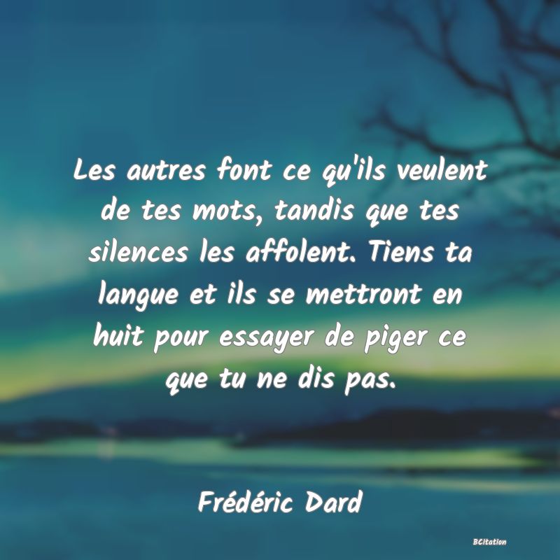 image de citation: Les autres font ce qu'ils veulent de tes mots, tandis que tes silences les affolent. Tiens ta langue et ils se mettront en huit pour essayer de piger ce que tu ne dis pas.