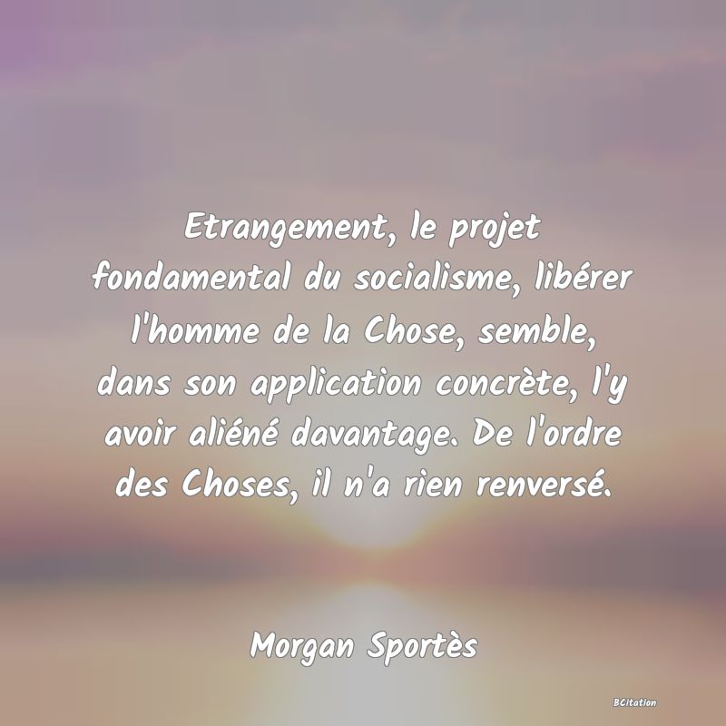 image de citation: Etrangement, le projet fondamental du socialisme, libérer l'homme de la Chose, semble, dans son application concrète, l'y avoir aliéné davantage. De l'ordre des Choses, il n'a rien renversé.