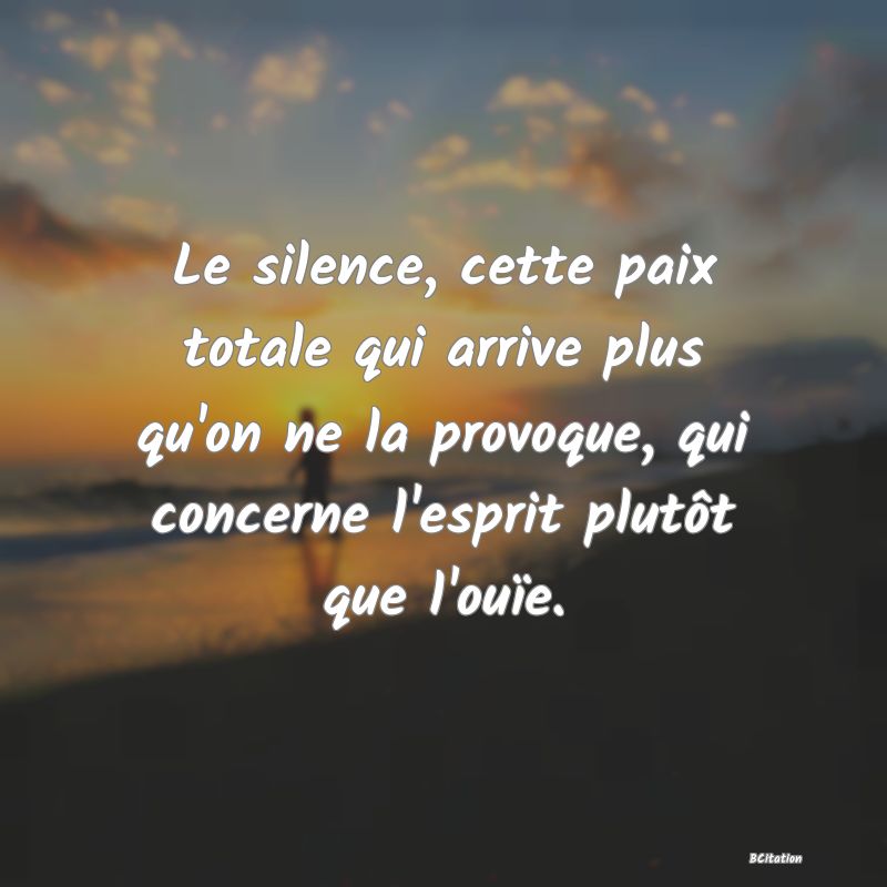 image de citation: Le silence, cette paix totale qui arrive plus qu'on ne la provoque, qui concerne l'esprit plutôt que l'ouïe.