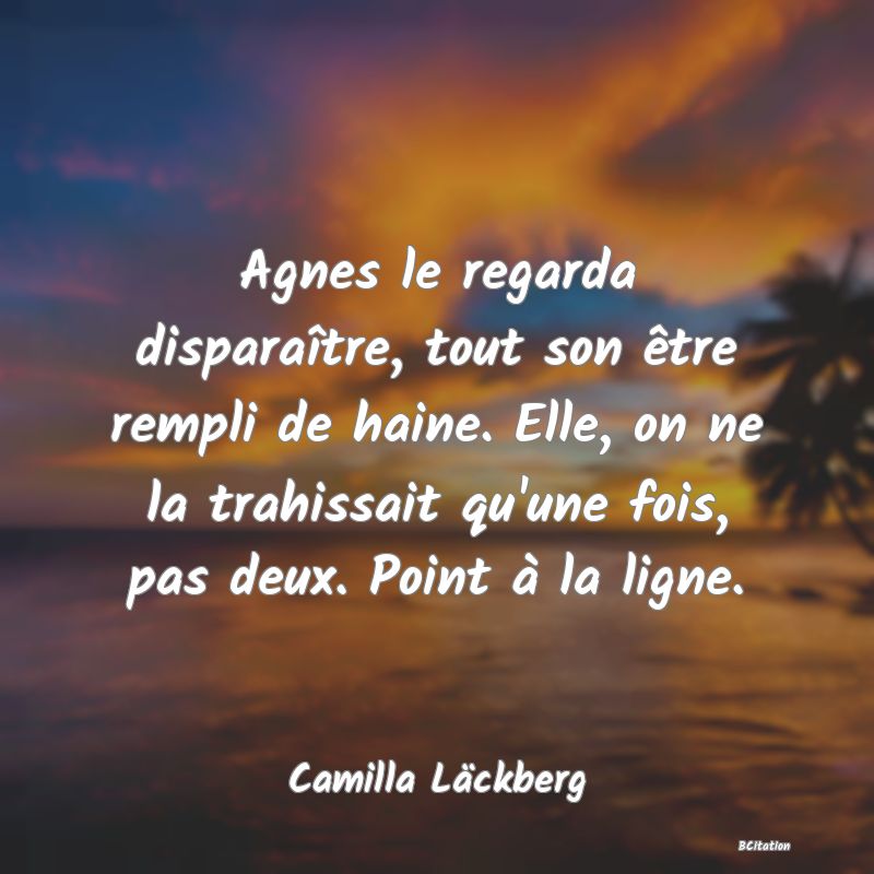 image de citation: Agnes le regarda disparaître, tout son être rempli de haine. Elle, on ne la trahissait qu'une fois, pas deux. Point à la ligne.