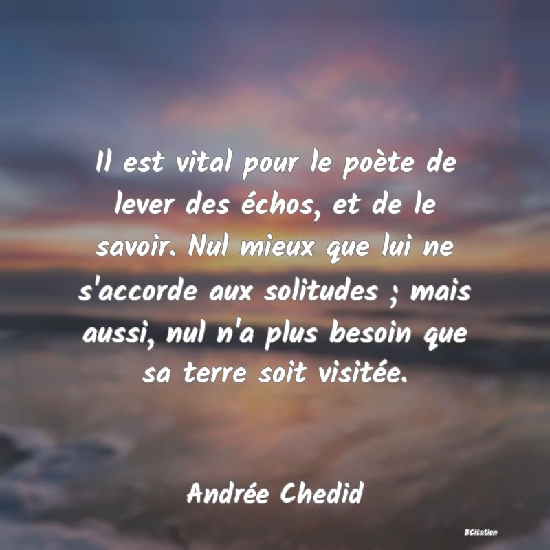 image de citation: Il est vital pour le poète de lever des échos, et de le savoir. Nul mieux que lui ne s'accorde aux solitudes ; mais aussi, nul n'a plus besoin que sa terre soit visitée.