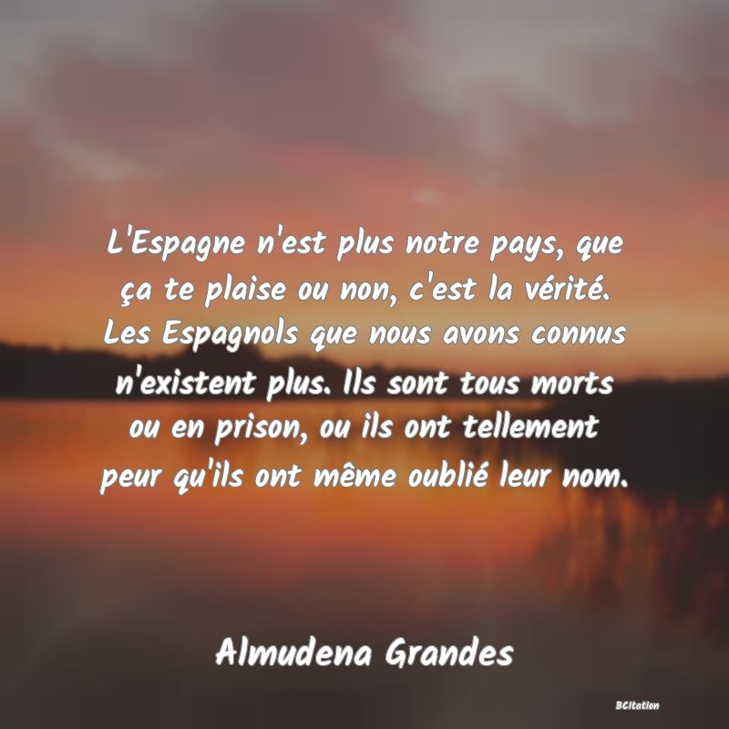 image de citation: L'Espagne n'est plus notre pays, que ça te plaise ou non, c'est la vérité. Les Espagnols que nous avons connus n'existent plus. Ils sont tous morts ou en prison, ou ils ont tellement peur qu'ils ont même oublié leur nom.