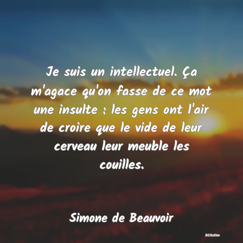 Belle Citation - Je suis un intellectuel. Ça m'agace qu'on fasse de ce mot une insulte : les gens ont l'air de croire que le vide de leur cerveau leur meuble les couilles. - Simone de Beauvoir