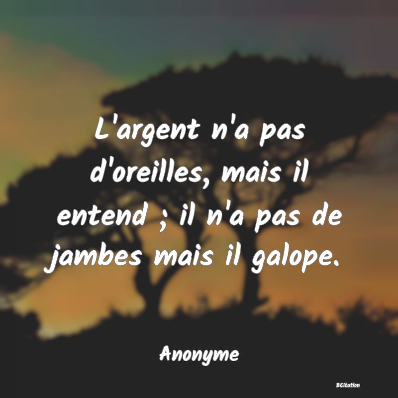 image de citation: L'argent n'a pas d'oreilles, mais il entend ; il n'a pas de jambes mais il galope.