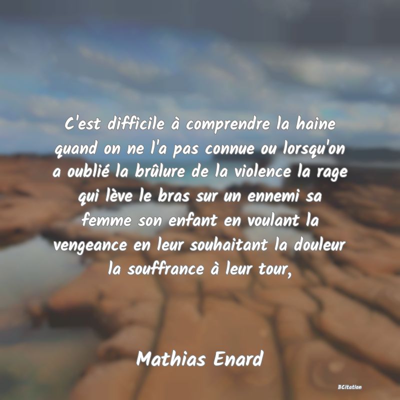 image de citation: C'est difficile à comprendre la haine quand on ne l'a pas connue ou lorsqu'on a oublié la brûlure de la violence la rage qui lève le bras sur un ennemi sa femme son enfant en voulant la vengeance en leur souhaitant la douleur la souffrance à leur tour,