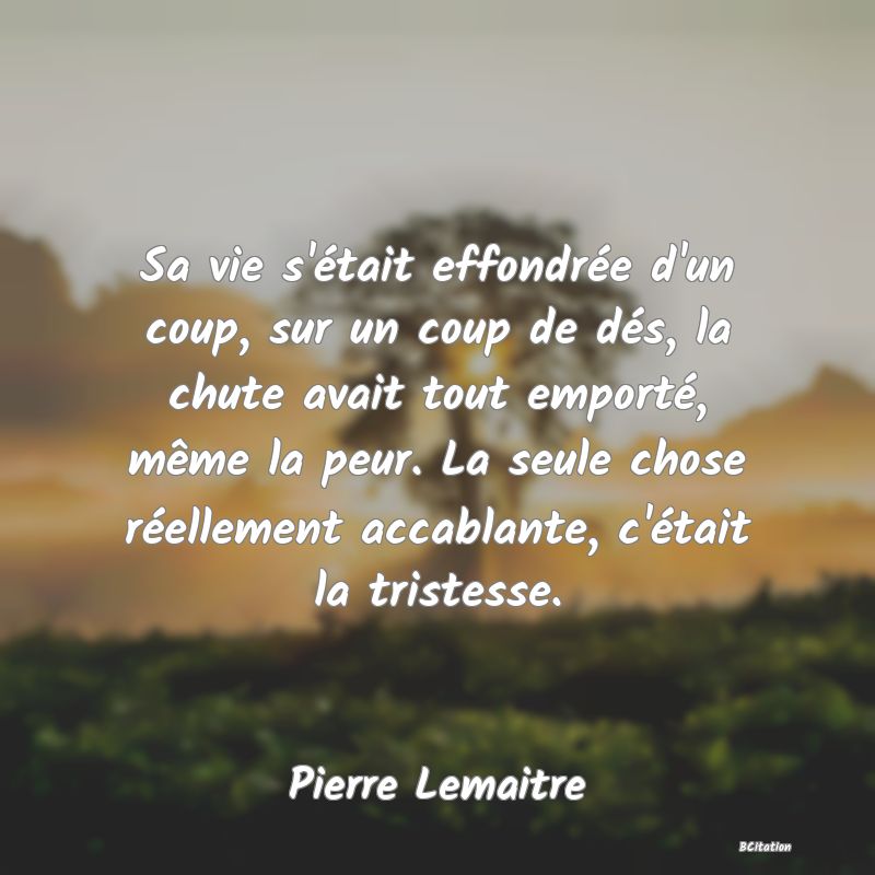 image de citation: Sa vie s'était effondrée d'un coup, sur un coup de dés, la chute avait tout emporté, même la peur. La seule chose réellement accablante, c'était la tristesse.