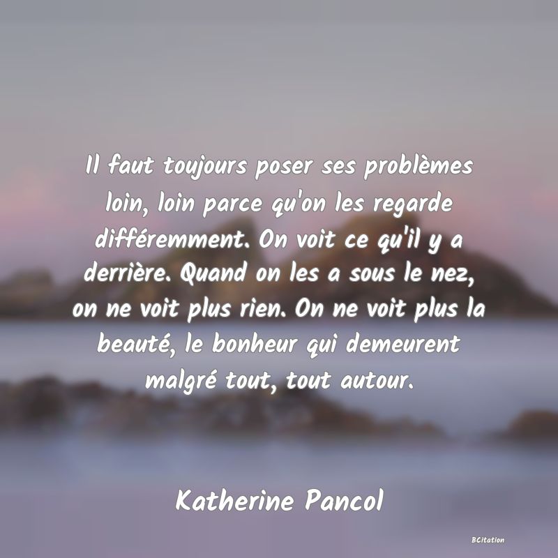 Belle Citation - Il faut toujours poser ses problèmes loin, loin parce qu'on les regarde différemment. On voit ce qu'il y a derrière. Quand on les a sous le nez, on ne voit plus rien. On ne voit plus la beauté, le bonheur qui demeurent malgré tout, tout autour. - Katherine Pancol