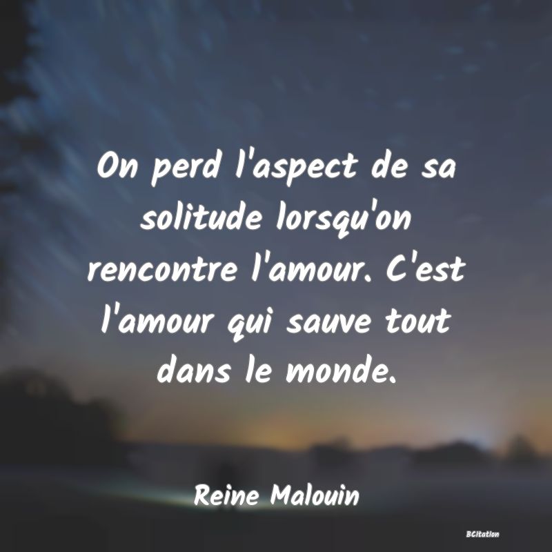 image de citation: On perd l'aspect de sa solitude lorsqu'on rencontre l'amour. C'est l'amour qui sauve tout dans le monde.