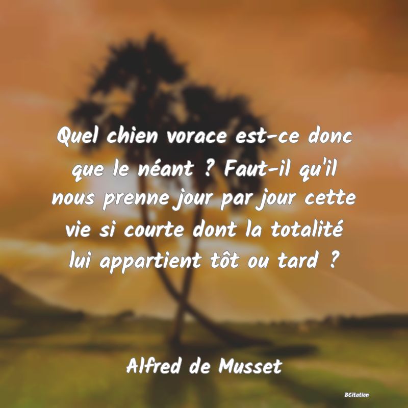 image de citation: Quel chien vorace est-ce donc que le néant ? Faut-il qu'il nous prenne jour par jour cette vie si courte dont la totalité lui appartient tôt ou tard ?